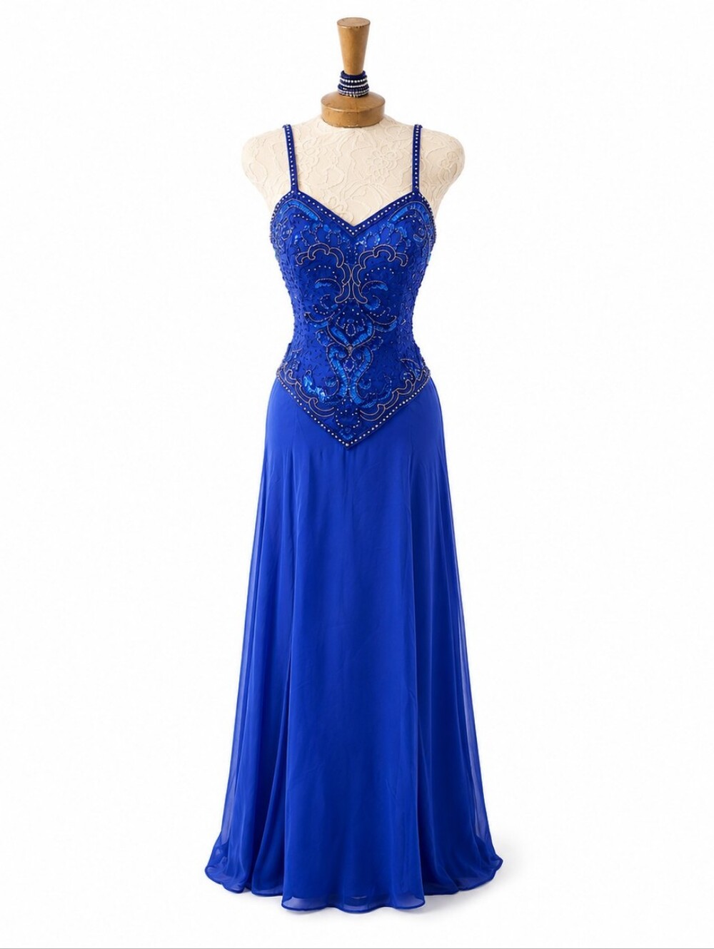 Vintage Alyce Royal Blue Silk Beaded Gown Dress M 10